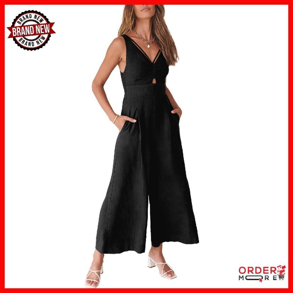 Linen Jumpsuit Wide Leg Sleeveless V Neck Cutout Backless Summer Romper